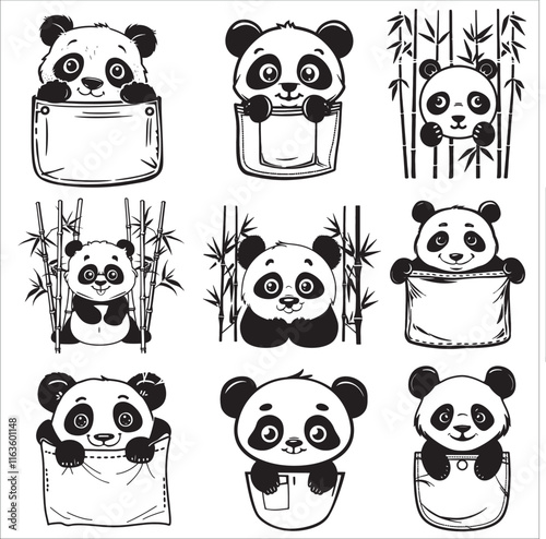 cute peeking panda silhouette, vector illustration pack 