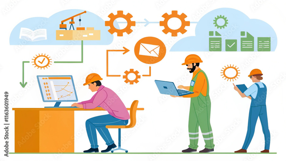 Ai generated workflow efficiency in construction management office environment infographic concept Ai generated workflow efficiency in construction management office environment infographic concept