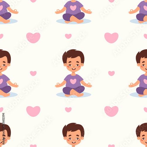 Seamless pattern yoga kid. Cute happy boy meditating sitting in lotus pose on white background with pink hearts. Hobby, sports, healthy lifestyle. Vector illustration in flat style. Kids collection