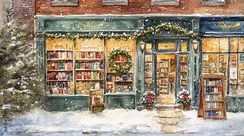 Charming winter scene of a cozy bookstore with snow-covered surroundings, adorned with festive decorations. photo