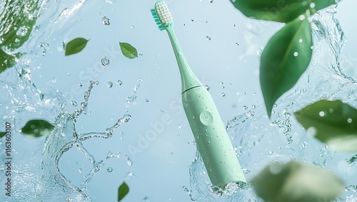 Electric Toothbrush Cleaning: Refreshing Oral Hygiene with Water and Leaves, Achieving a Sparkling Clean Smile Daily.