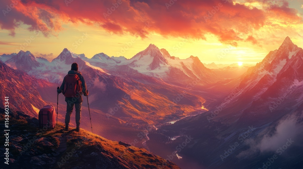 Solo adventurer enjoys breathtaking mountain sunrise in vast valley landscape Solo adventurer enjoys breathtaking mountain sunrise in vast valley landscape