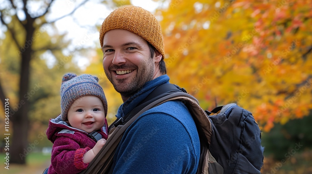 Smiling father carries happy baby in a cozy backpack amidst vibrant autumn foliage. Smiling father carries happy baby in a cozy backpack amidst vibrant autumn foliage.