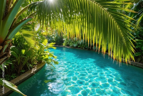 Serene Tropical Pool Surrounded by Lush Green Foliage and Sunlight