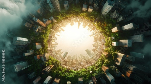 Futuristic Circular Cityscape, aerial perspective showcasing vibrant tech designs and concentric zones in a modern urban environment photo