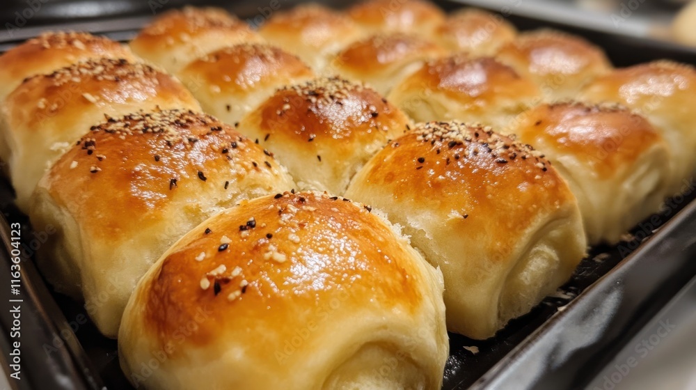 Golden Brown Sesame Dinner Rolls, Freshly Baked Golden Brown Sesame Dinner Rolls, Freshly Baked