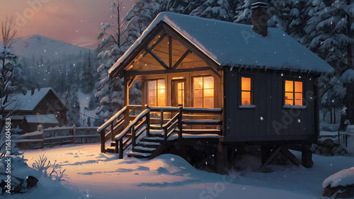 Small wooden log house in the forest lots of snow cold winter lights on in the windows cozy atmosphere