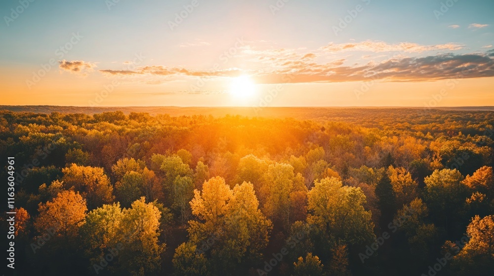 Aerial view of autumn forest at sunset. Golden foliage, sun rays, and vast landscape. Aerial view of autumn forest at sunset. Golden foliage, sun rays, and vast landscape.