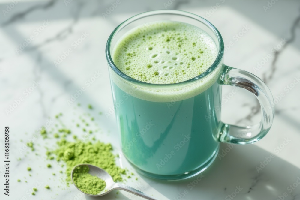 Green Beverage in Clear Glass Cup on Marble Surface with Spoon Green Beverage in Clear Glass Cup on Marble Surface with Spoon