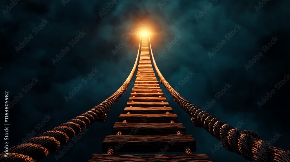 Fototapeta premium A surreal image of a tall, winding ladder reaching towards a bright light in a dark, cloudy sky, symbolizing hope and aspiration.