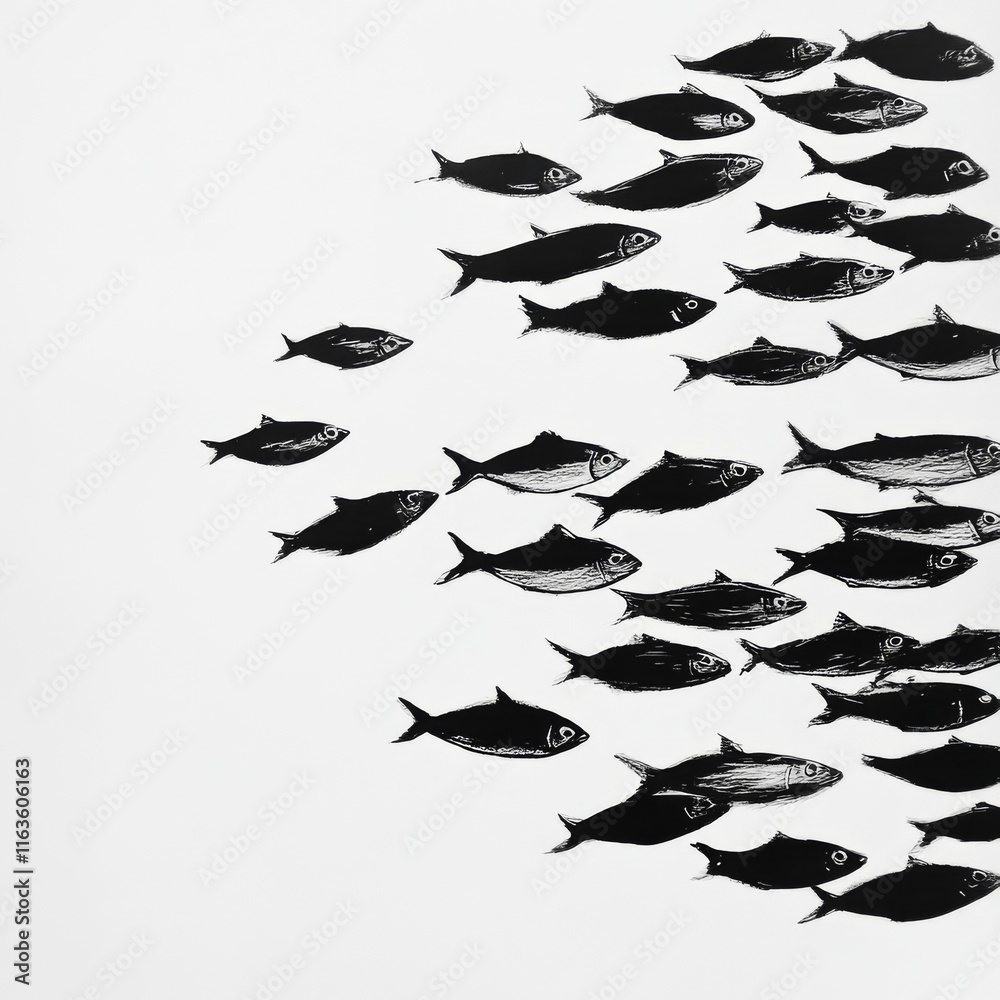 Black and white illustration of a school of fish swimming in a cohesive group. Black and white illustration of a school of fish swimming in a cohesive group.