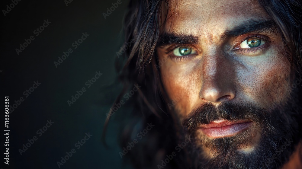 Intense Gaze: A Portrait of a Man with Striking Green Eyes and Long Brown Hair Intense Gaze: A Portrait of a Man with Striking Green Eyes and Long Brown Hair