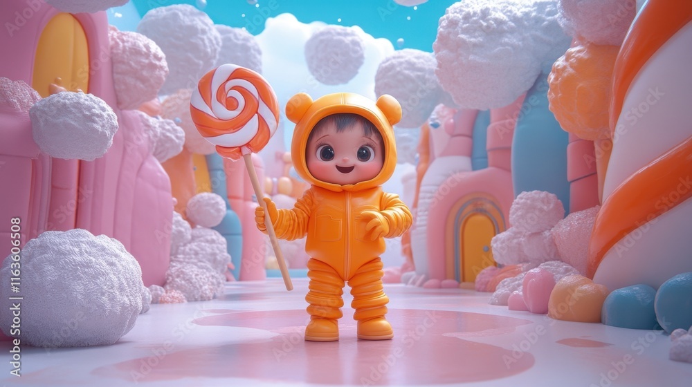 Obraz premium Cute character in vibrant candy land holding a giant lollipop, surrounded by fluffy clouds and colorful candy structures