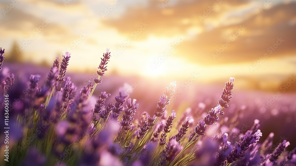 Obraz premium Lavender Fields at Dusk, Expansive rows of vibrant purple blossoms bathed in golden hour glow, serene and enchanting landscape