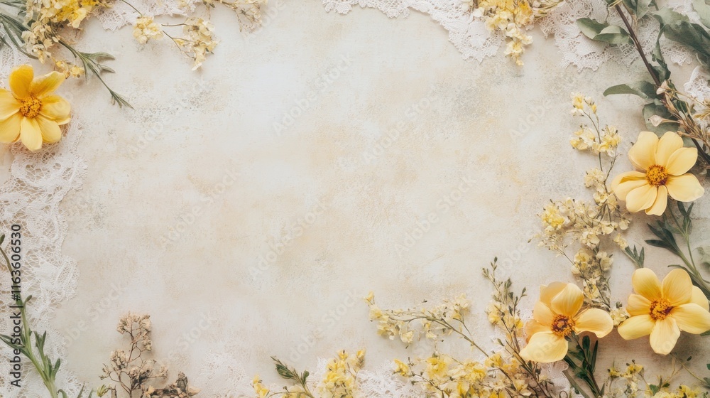 Flat lay of yellow flowers and lace frame on beige background. Flat lay of yellow flowers and lace frame on beige background.