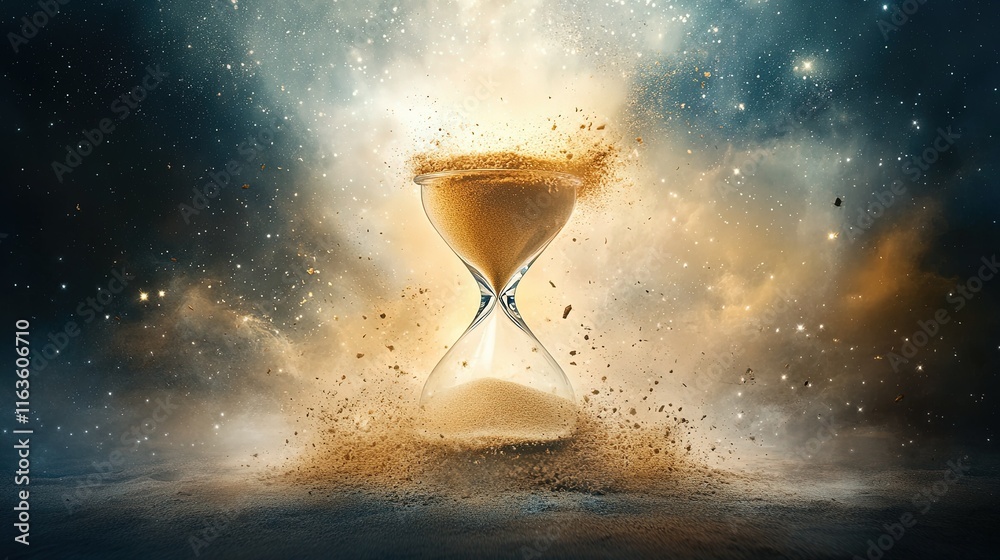 Celestial Sands, a broken hourglass spills stardust, symbolizing the endless flow of time and cosmic transformation.