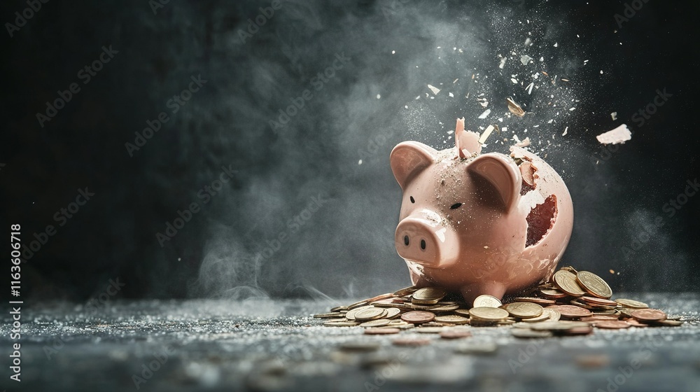 Fragmented savings, scattered coins, shattered glass, symbolizing financial decline, loss of security, and the fragility of dreams