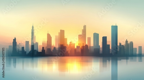 Vibrant urban skyline, modern skyscrapers illuminated at dusk, dynamic city life, energy and movement in the evening atmosphere