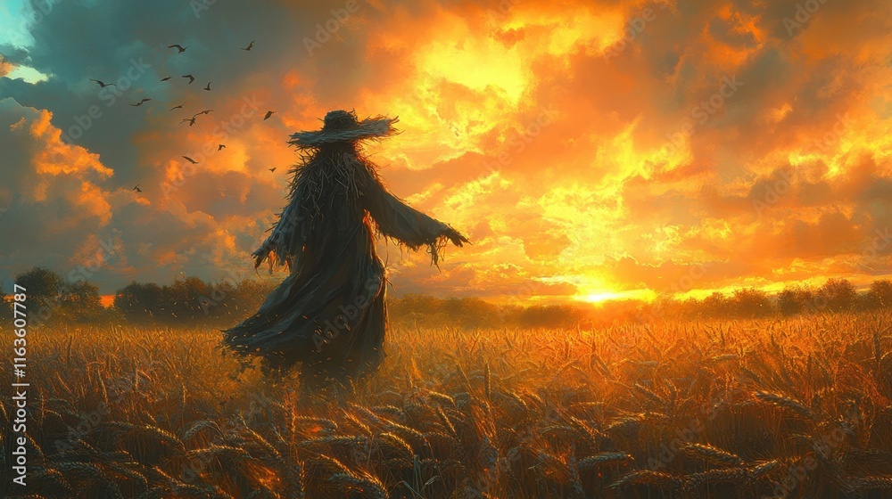 Scarecrow silhouetted against a vibrant sunset in a golden wheat field filled with whispers of the evening breeze Scarecrow silhouetted against a vibrant sunset in a golden wheat field filled with whispers of the evening breeze