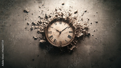 Wallpaper Mural Fragmented Time, a clock face disintegrating into pieces, each revealing a unique historical era and its distinct characteristics. Torontodigital.ca