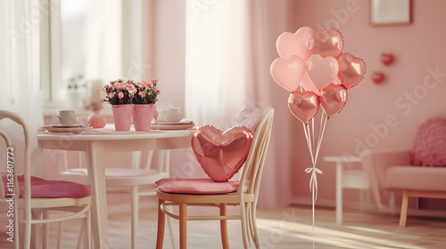 Charming and Festive Home Interior Decorated for Valentine's Day with Heart Balloons and Romantic Pink Accents Creating a Cute Ambiance