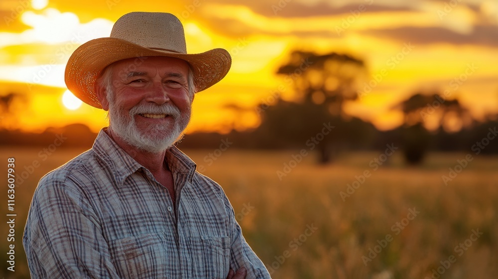 Smiling farmer stands proudly in golden fields during sunset, capturing the essence of rural life and hard work Smiling farmer stands proudly in golden fields during sunset, capturing the essence of rural life and hard work