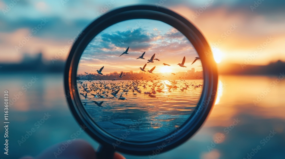 Capturing the beauty of sunset as birds take flight over shimmering waters Capturing the beauty of sunset as birds take flight over shimmering waters