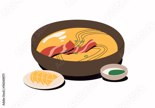Pottery bowl of soup with bacon and plates of spicy sauce and lemon slices. Tasty meal of Asian cuisine. Chinese eating, food in dishes for lunch. Flat isolated vector illustration on white background