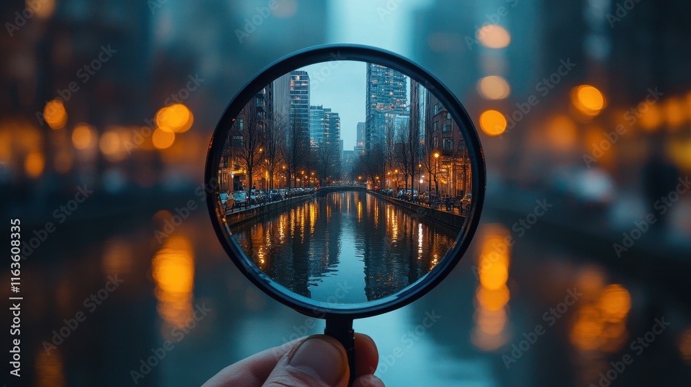 Exploring the reflections of a city through a magnifying lens on a serene evening