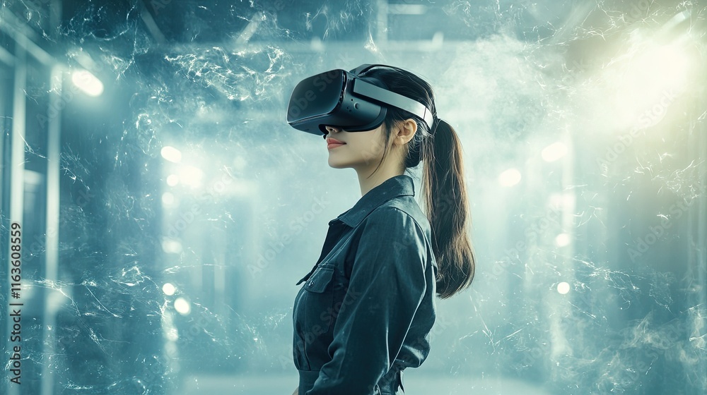 Empowered Woman Engaged in Virtual Reality Training with Team, Utilizing Advanced Digital Tools in a Collaborative Environment Empowered Woman Engaged in Virtual Reality Training with Team, Utilizing Advanced Digital Tools in a Collaborative Environment