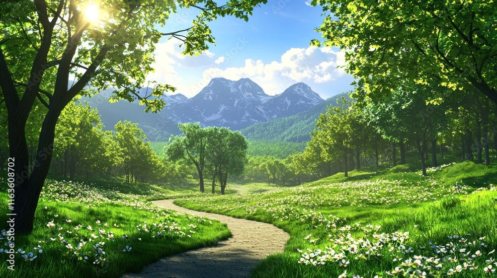 Naklejka premium Serene Spring Meadow Path Leading to Majestic Mountains
