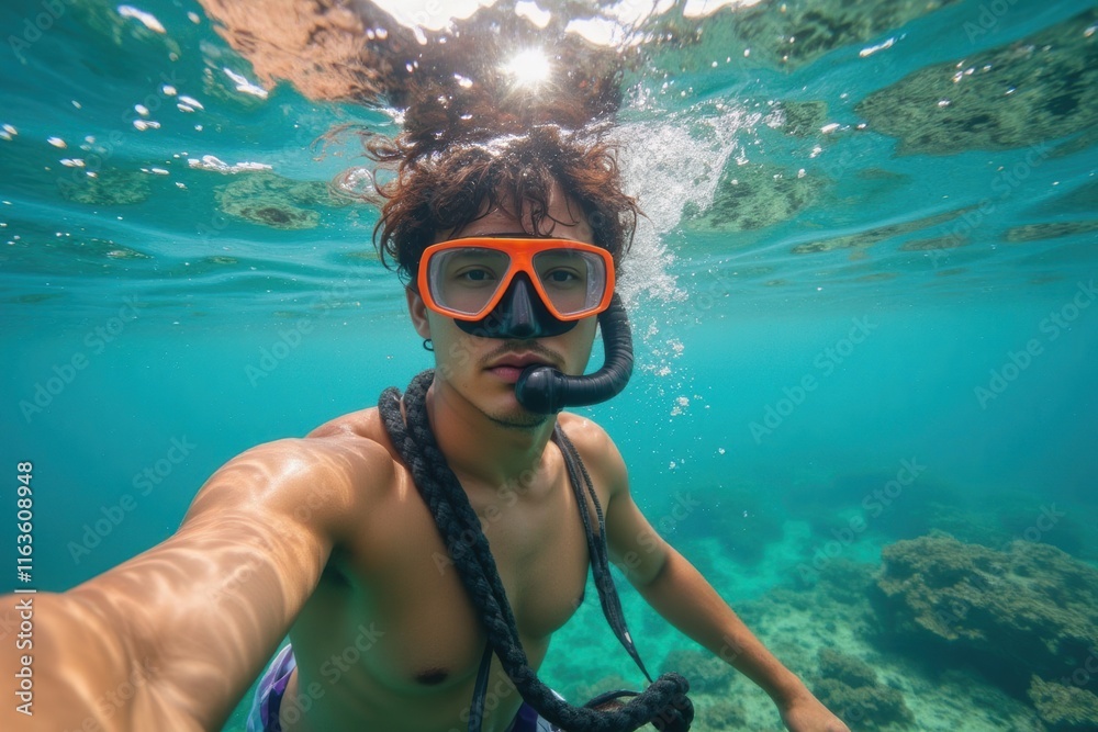Naklejka premium Young man snorkeling in clear tropical waters with snorkel gear