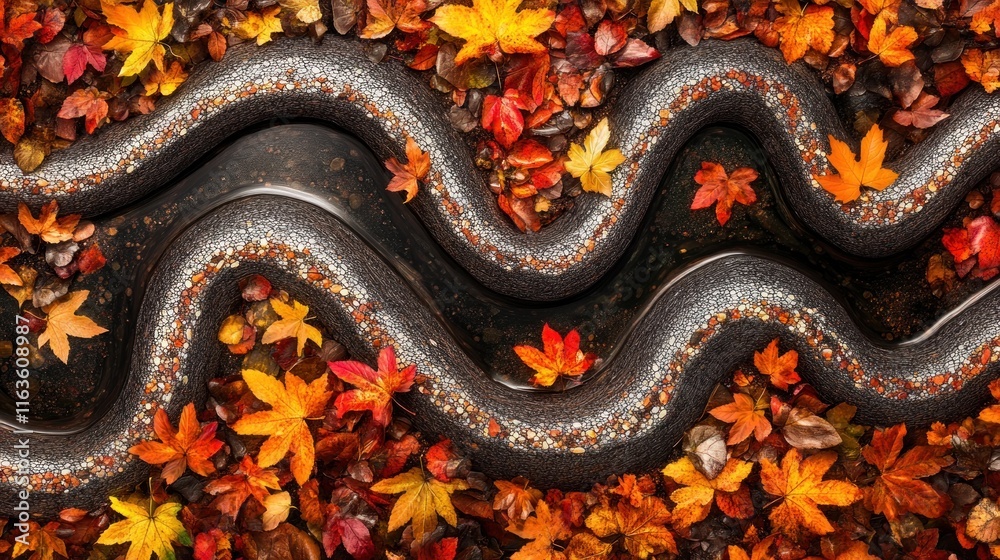 Autumn leaves surrounding a dark, wavy stream. Autumn leaves surrounding a dark, wavy stream.