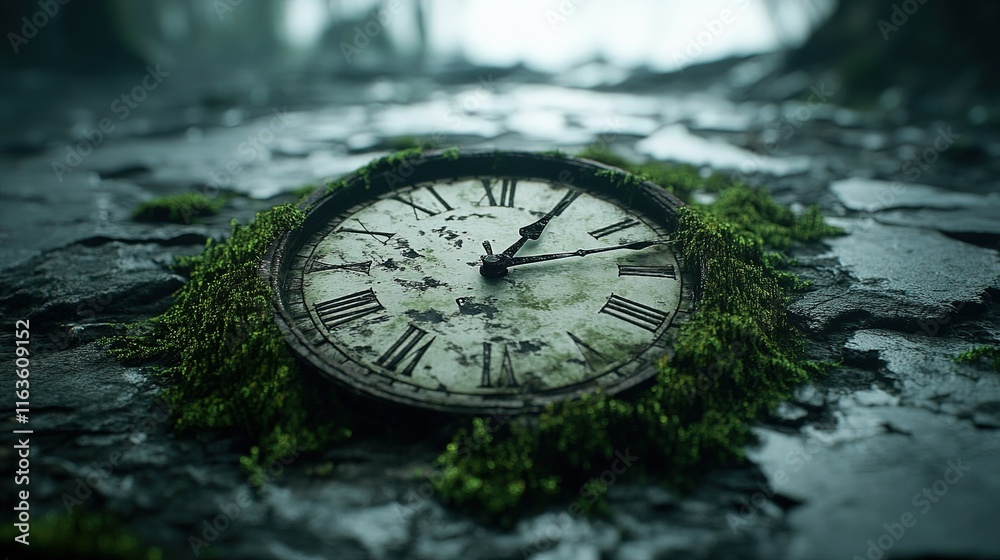 Ancient sundial enveloped in lush moss, symbolizing the passage of time, nature reclaiming its space in a timeless embrace