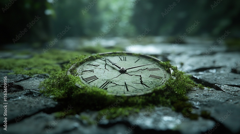 Moss-Covered Sundial in Nature's Embrace, time stands still, nature reclaims the passage of time, a serene blend of decay and life
