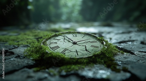 Moss-Covered Sundial in Nature's Embrace, time stands still, nature reclaims the passage of time, a serene blend of decay and life photo