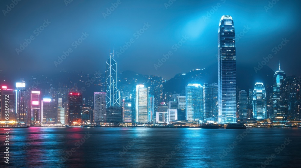 Fototapeta premium Vibrant Urban Skyline Illuminated at Night