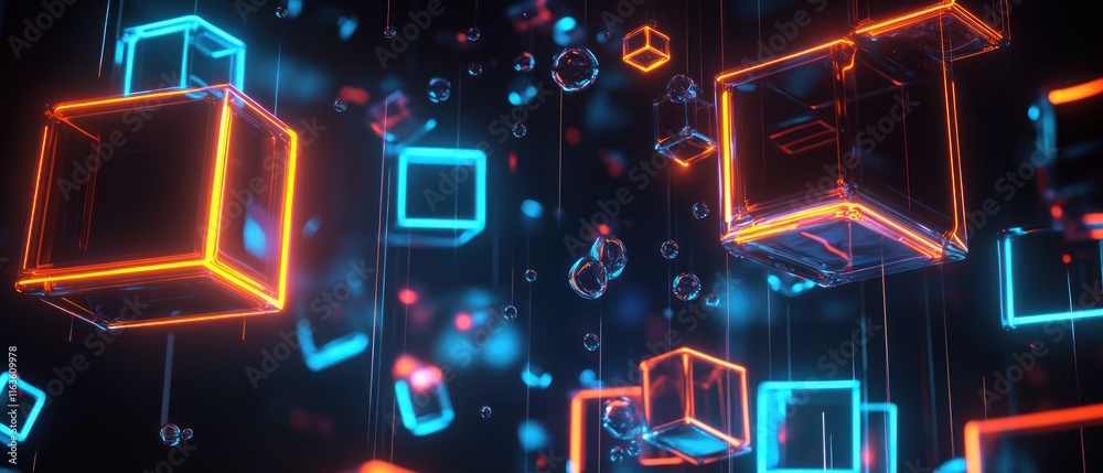 Fototapeta premium Abstract glowing neon cubes and particles floating in dark space.