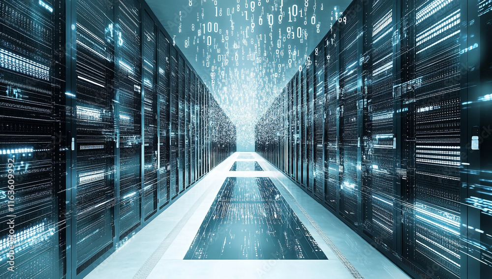 Obraz premium A long, white corridor flanked by black data center server racks