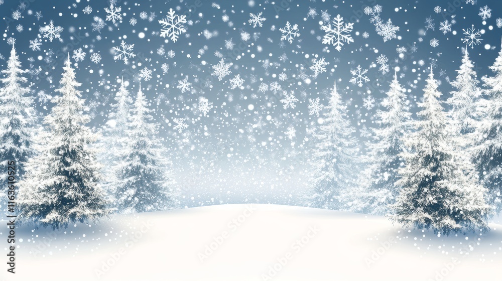 Snowy and icy backdrop with falling snowflakes. Winter snowfall of white flakes and shining snowstorm or blizzard effect. Christmas holiday background.