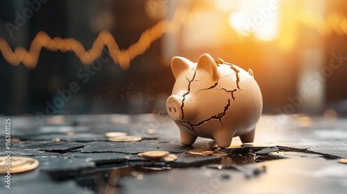 Obraz na płótnie Economic downturn, shattered savings symbolizing financial instability, stock market fluctuations reflecting uncertainty w salonie