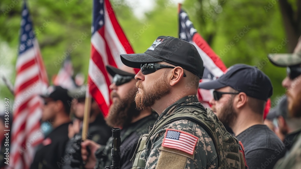Fototapeta premium Veterans protest American flag on Memorial Day, sparking debate.
