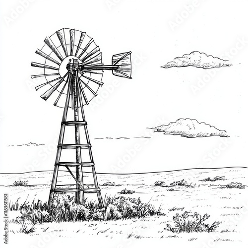 Line drawing of a vintage windmill in a field under a partly cloudy sky.