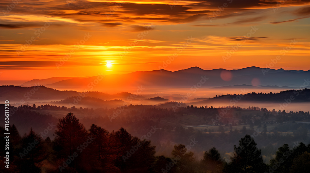 Fototapeta premium Spectacular Display of A Yellow Sunrise Adorning The Horizon With A Golden Hue. A Beautiful Dawn Witnessed Amidst Serene Landscapes.