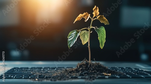 Economic Despair, withered plant symbolizing stagnation on a trading desk, reflecting failed recovery efforts and lost opportunities