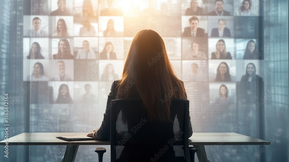 Female executive guiding hybrid meeting, diverse team engaged in collaboration, blending in-person and virtual communication, dynamic work environment