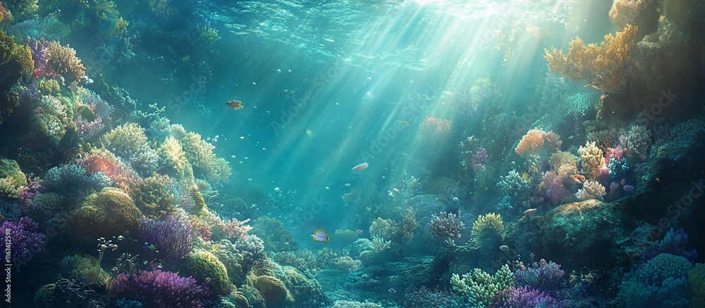 Fototapeta premium Vibrant coral reef underwater scene with sunlight.
