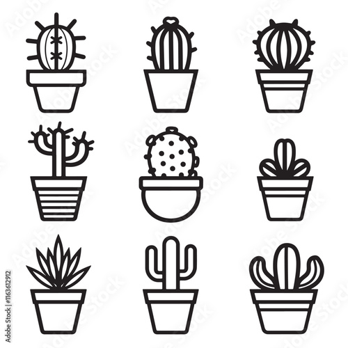 Potted plant black and white silhouette vector illustration set