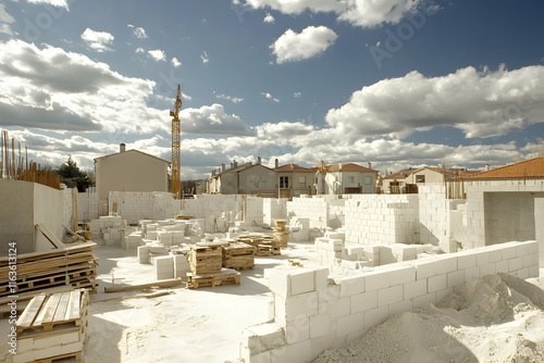 Half-finished building with aerated concrete blocks on a construction site in spring photo