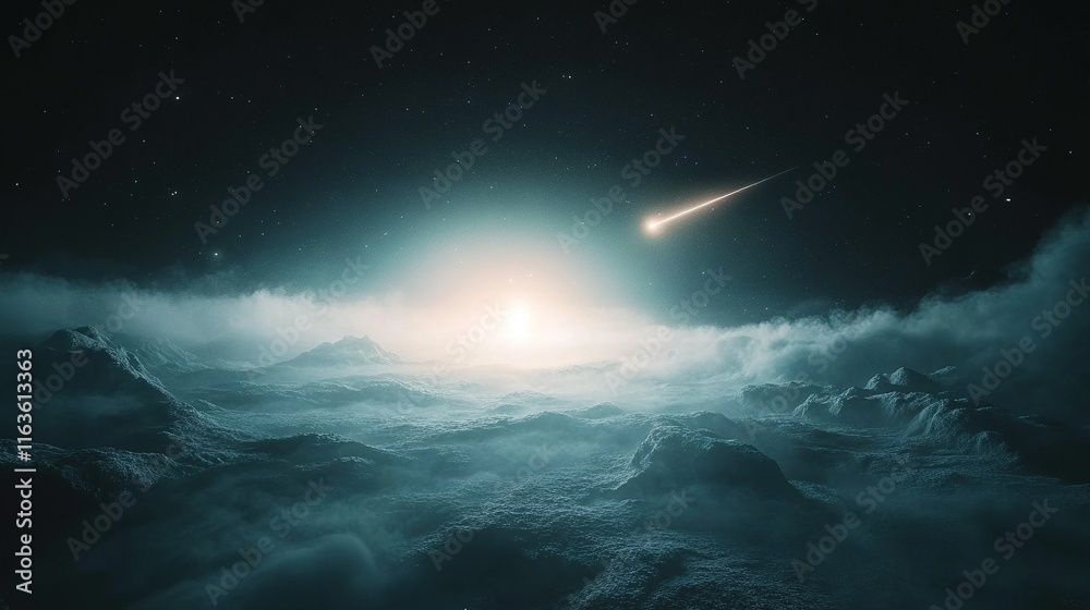 Frozen space station in orbit, comet racing past, a backdrop of distant stars, an exploration of cosmic solitude and wonder